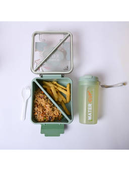 Voncasa - Mint Green Printed Plastic Lunch Box With Bottle Set