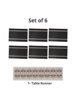 Voncasa - Dark Black Rectangular Table Runner with Tablemats (Pack Of 7)