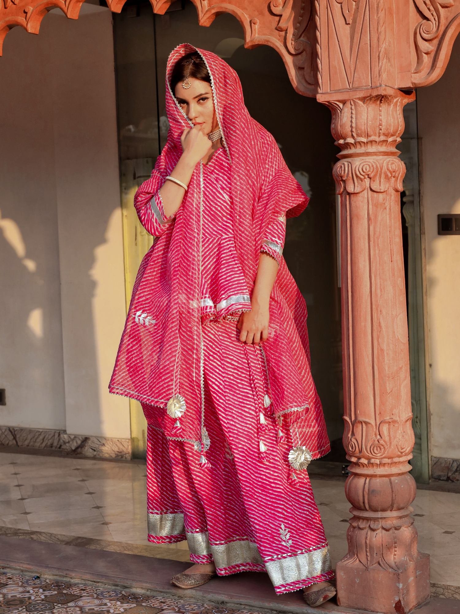 divena Pink Lehriya Lehenga Dupatta Set (Set of 3)-picture-29