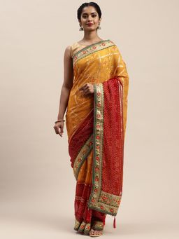Vastranand - Red Printed Bandhani Saree with Unstitched Blouse