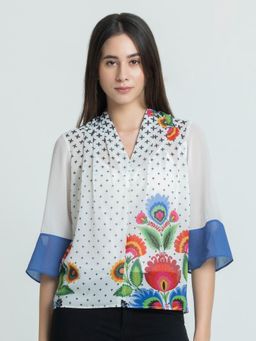 SHAYE - White V-Neck Floral Print Tops For Women