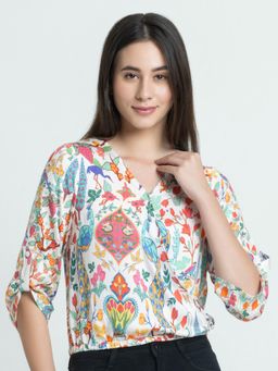 SHAYE - V-Neck Peacock Print Tops For Women