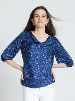 SHAYE - Blue Cowl Neck Floral Print Tops For Women