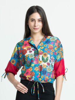 SHAYE - Blue Notch Collar Floral Print Tops For Women