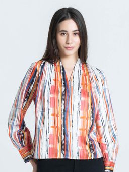 SHAYE - V-Neck Stripe Print Full Sleeves Tops For Women