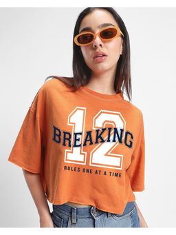 Bewakoof - Women's Apricot Orange Breaking Typography Oversized Top
