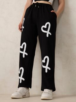 Outzidr - Black Cotton Heart Printed Casual Joggers