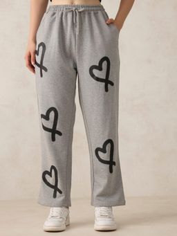 Outzidr - Grey Cotton Heart Printed Casual Joggers