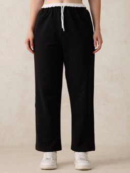 Outzidr - Black Casual Cotton Dual Toned Waistband Sweatpants