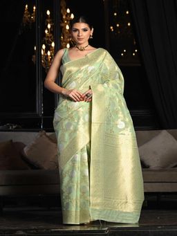 Beatitude - Light Green Soft Linen Woven Saree with Unstitched Blouse