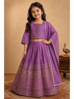 Lagorii - Girls Purple Silk Blend Choli with Lehenga and Dupatta