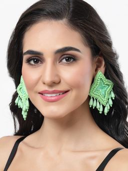 Moedbuille - Green Sequins & Pearls Contemporary Tasselled Design Silver Plated Stud Earrings