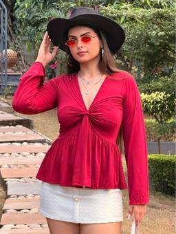 Tandul - Women Maroon Twist-Front Peplum Top