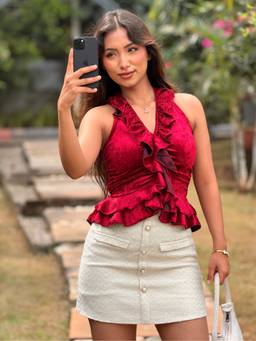 Tandul - Women Vintage Crimson Crushed Velvet Ruffle Halter Top