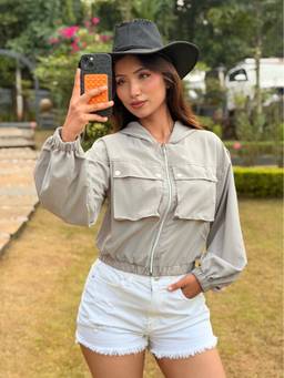 Tandul - Women Grey Cropped Windbreaker Jacket