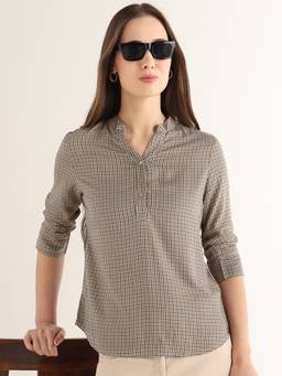 Hancock - Women Beige Micro Checked Viscose Rayon Formal Top