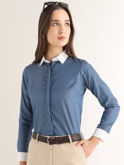 Hancock - Women Steel Blue Self Design Formal Shirt