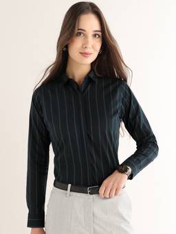 Hancock - Women Navy Blue Striped Pure Cotton Stretch Formal Shirt