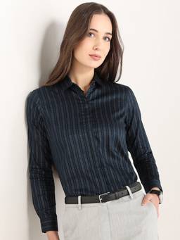 Hancock - Women Navy Blue Striped Pure Cotton Formal Shirt