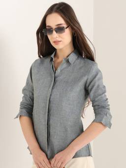 Hancock - Women Sage Green Solid Pure Linen Formal Shirt