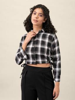QIOA - Off White Ruched Drawstring Plaid Print Crop Short Shirt