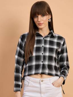 QIOA - White Black Ruched Drawstring Plaid Print Crop Short Shirt