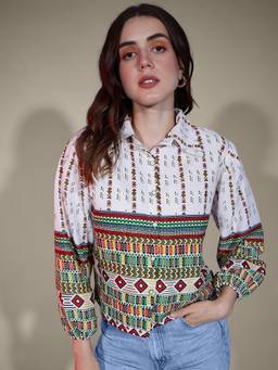 QIOA - Polyester Multicolor Bubble Sleeve Tribal Printed Shirt