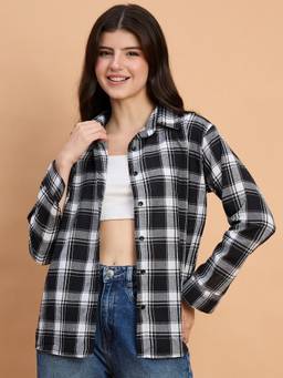 QIOA - Black Plaid Printed Oversized Long Shirt