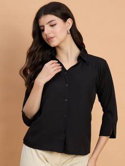 QIOA - Crepe Regular Fit Solid Black Shirt