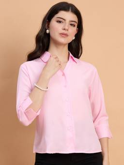 QIOA - Crepe Regular Fit Solid Light Pink Shirt