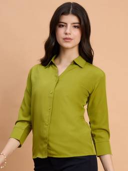QIOA - Crepe Regular Fit Solid Olive Green Shirt