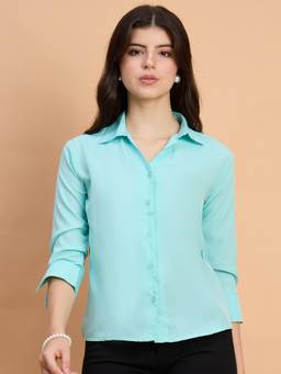 QIOA - Crepe Regular Fit Solid Sky Blue Shirt