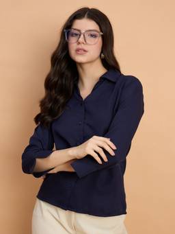 QIOA - Crepe Regular Fit Solid Navy Shirt