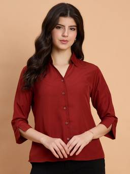 QIOA - Crepe Regular Fit Solid Rust Brown Shirt