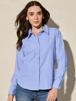 QIOA - Classic Blue Casual and Office Wear Style Striped Polyester Shirt