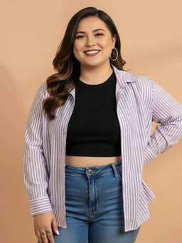 QIOA - Purple Striped Cotton Plus Size Shirt