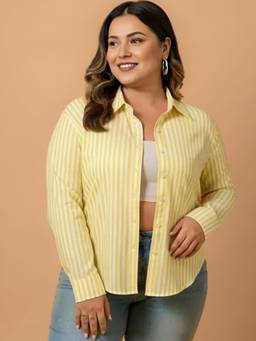 QIOA - Yellow Striped Cotton Plus Size Shirt