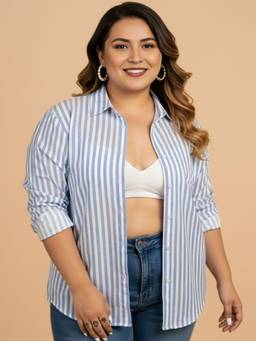 QIOA - Blue Striped Cotton Plus Size Shirt