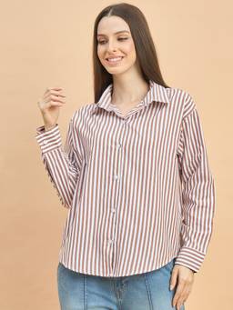 QIOA - Brown Striped Cotton Shirt