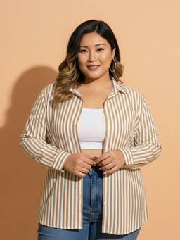 QIOA - Brown Striped Cotton Plus Size Shirt