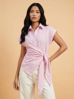 QIOA - Pink Striped Wrap Style Cotton Drop Shoulder Shirt