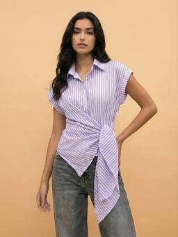 QIOA - Purple Striped Wrap Style Cotton Drop Shoulder Shirt