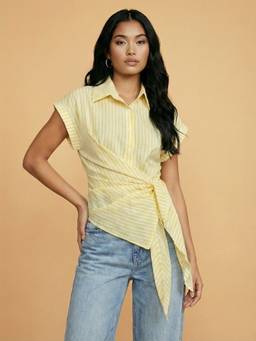 QIOA - Yellow Striped Wrap Style Cotton Drop Shoulder Shirt