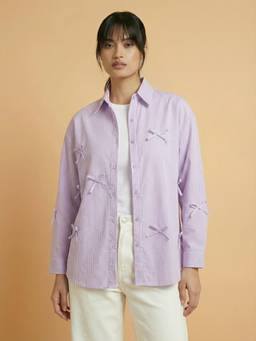QIOA - Purple Cotton Oversized Shirt Striped Tie Detail Full Sleeve