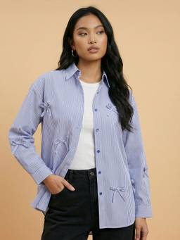 QIOA - Blue Cotton Oversized Striped Tie Detail Full Sleeve Shirt