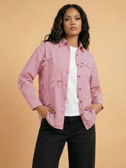 QIOA - Red Cotton Oversized Striped Tie Detail Full Sleeve Shirt