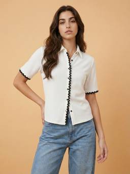 QIOA - Cotton Blend White Contrast Trim Short Sleeve Shirt