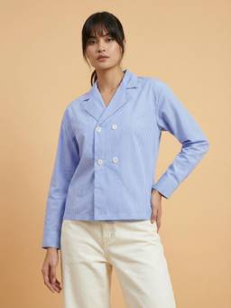 QIOA - Blue Striped Double Breasted Blazer Shirt