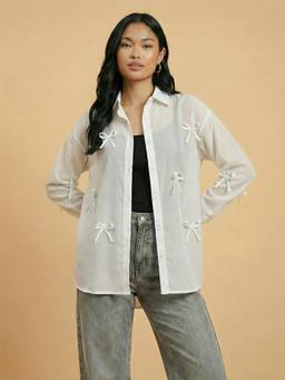 QIOA - White Georgette Bow Detail Shirt