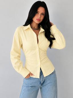 QIOA - Yellow Striped Cotton Corset Back Waist-Tie Shirt Blouse